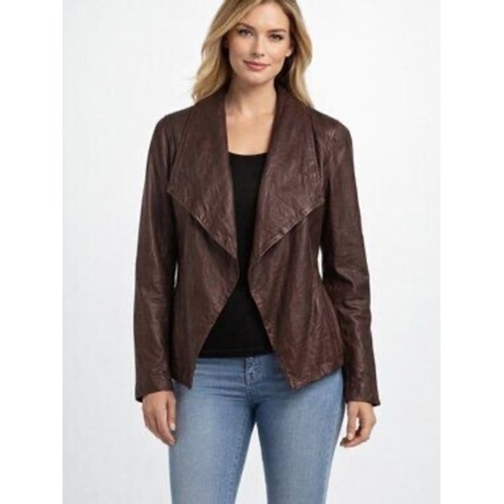Eileen Fisher Womens Brown Leather Draped Open Front Shawl Collar Jacket Large